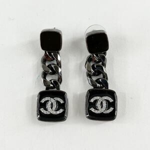 Vintage Chanel Chain Drop Rhinestone CC Earrings Black Silver